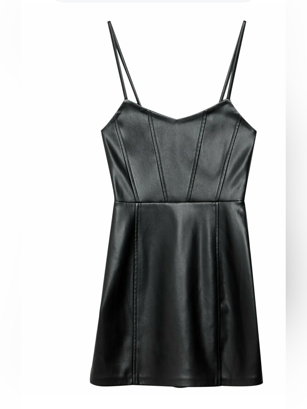 stradivarius Black Faux Leather Mini Dress with Spaghetti Straps